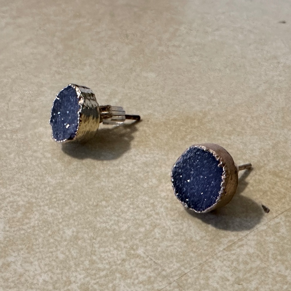 Electroformed, blue-gray, druzy stud earrings.
